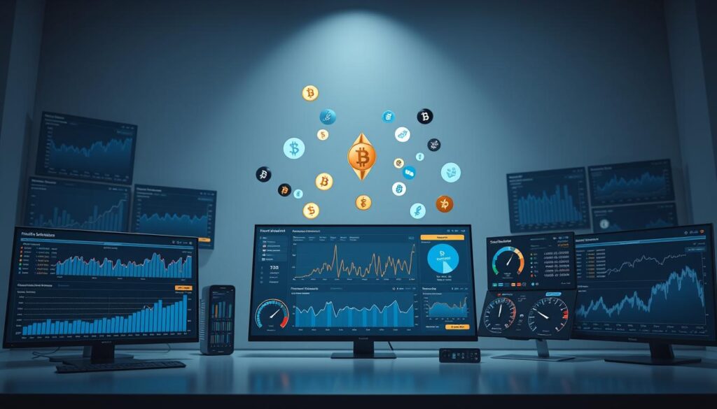 Detailed, polished sentiment dashboards arranged in a clean, modern workspace. The foreground displays various charts, graphs, and gauges depicting real-time crypto market sentiment data, with a sleek user interface and intuitive controls. The middle ground features high-resolution cryptocurrency logos and symbols floating ethereally, conveying the digital nature of the data. The background is a softly-lit, minimalist setting with muted grays and blues, creating a professional, analytical atmosphere. Cinematic lighting casts dramatic shadows, while a shallow depth of field focuses the viewer's attention on the essential dashboard elements. The overall scene suggests a comprehensive, data-driven approach to crypto market sentiment analysis.