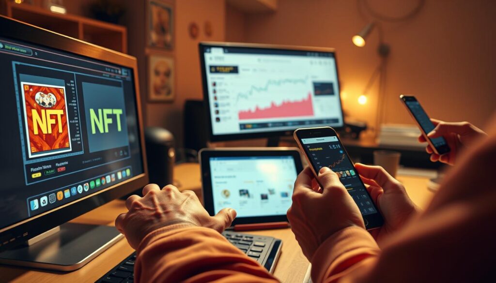 Detailed step-by-step guide on flipping NFTs for profit. Wide, cinematic composition showcasing various stages of the NFT flipping process. Crisp, clean realistic rendering with a warm, inviting color palette. In the foreground, a person's hands carefully inspecting an NFT on a desktop computer screen. In the middle ground, a person researching NFT market trends on a tablet. In the background, a person completing a successful NFT sale on a smartphone. Bright, directional studio lighting illuminates the scene, creating depth and drama. Conveys a sense of focus, strategy, and potential financial gain in the NFT trading space.