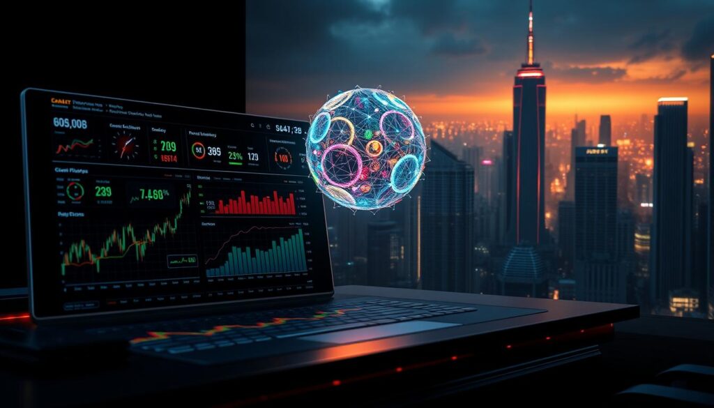 Detailed, three-dimensional data visualization depicting a comprehensive cryptocurrency trading dashboard. In the foreground, a sleek, interactive interface with dynamic charts, graphs, and analytics displaying real-time trading volume metrics. The middle ground features a holographic, floating data sphere pulsing with colorful data streams, representing the complex interconnections of the cryptocurrency market. The background showcases a futuristic cityscape with towering skyscrapers and glowing neon accents, conveying the cutting-edge, high-tech nature of the dashboard. Dramatic, cinematic lighting casts dramatic shadows, creating a sense of depth and drama. The overall mood is one of power, precision, and technological sophistication.