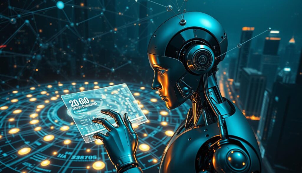 Dramatic scene of AI-enhanced data verification, with a central figure surrounded by a swirling vortex of digital information. In the foreground, a hyper-realistic android, its metallic features illuminated by a soft, diffused light, intently analyzing a holographic display of complex data. In the middle ground, a labyrinth of glowing blockchain nodes and interconnected data streams, creating a sense of technological depth and interconnectivity. In the background, a dim, futuristic cityscape, its towering skyscrapers and neon-lit streets hinting at the broader technological landscape. The overall atmosphere is one of technological sophistication, intellectual engagement, and the seamless integration of artificial intelligence with data processing and verification.