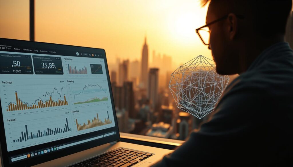 Evaluating model performance, a CRYPTOMAXIMAL data visualization. In the foreground, a sleek dashboard displays performance metrics, charts, and graphs, all rendered in a clean, modern style. The middle ground features a 3D wireframe model, rotating and shifting to showcase the complexity of the underlying algorithm. In the background, a serene and contemplative cityscape, bathed in a warm, golden light, sets the tone of thoughtful analysis. The scene is captured through a wide-angle lens, creating a sense of depth and immersion. The overall mood is one of professional rigor, technological sophistication, and a keen eye for detail.