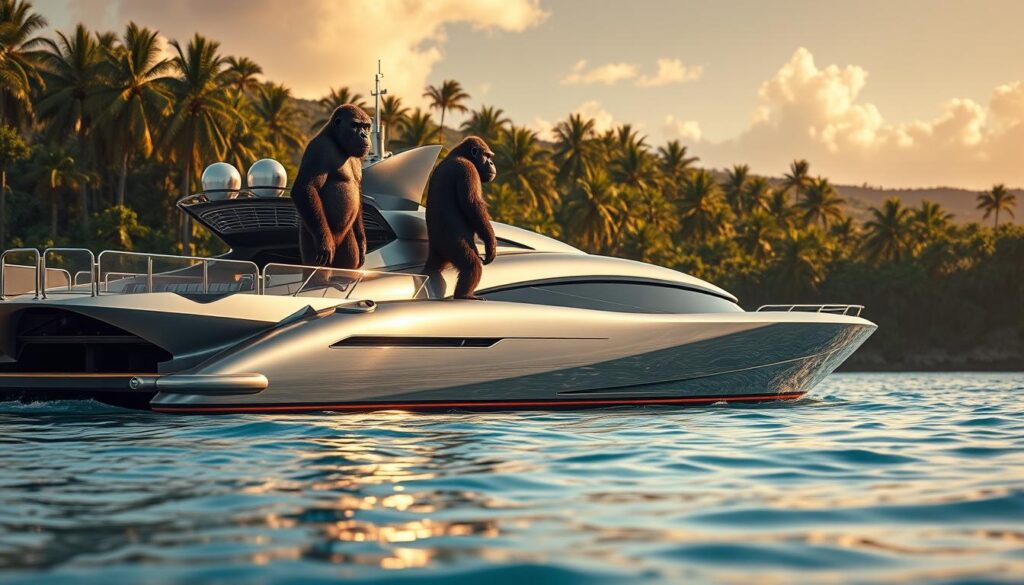 Majestic ape yacht club, a stunning nautical paradise. Imposing simian figures stand tall on the sleek, futuristic yacht, their gaze sweeping across the azure waters. The vessel's sleek, metallic design shimmers in the warm, golden sunlight, casting a reflection on the gently lapping waves. In the background, a lush, tropical landscape frames the scene, swaying palm trees and verdant foliage creating a serene, idyllic atmosphere. The lighting is soft and warm, adding a sense of natural elegance to the composition. The camera angle is slightly elevated, allowing the viewer to take in the full grandeur of this iconic, NFT-inspired masterpiece.
