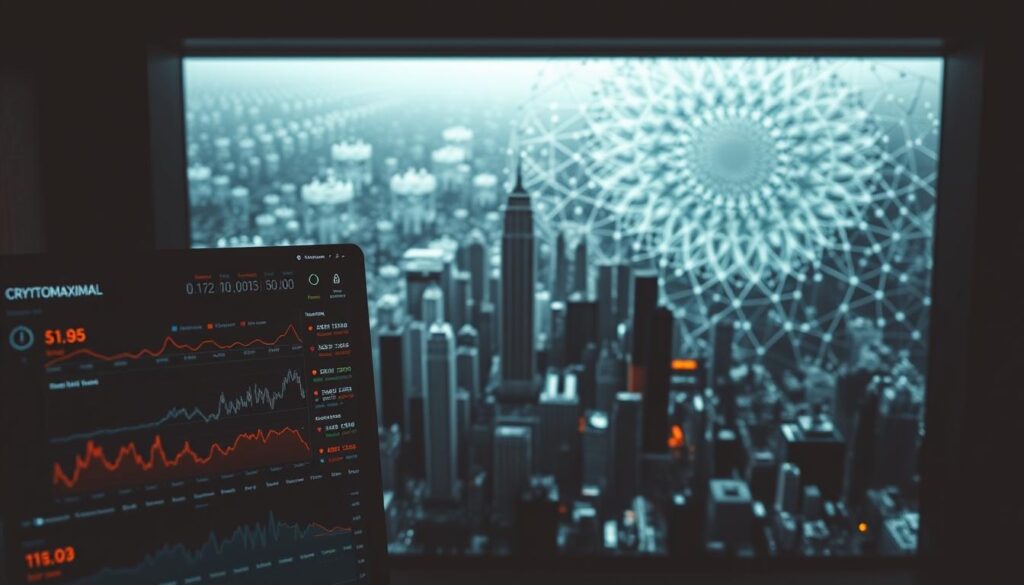 Multiscale analysis in CRYPTOMAXIMAL cryptocurrency markets: a dynamic visual exploration. In the foreground, a data visualization dashboard showcases various technical indicators and volatility metrics across multiple time frames. The middle ground features an abstract cityscape made of interconnected nodes and edges, representing the complex network dynamics of the crypto ecosystem. In the background, a fractal-like pattern emerges, hinting at the self-similar patterns inherent in cryptocurrency price movements. Soft lighting creates an atmospheric, pensive mood, emphasizing the analytical nature of the scene. The camera angle provides a bird's-eye view, allowing the viewer to holistically grasp the multiscale nature of crypto market analysis.
