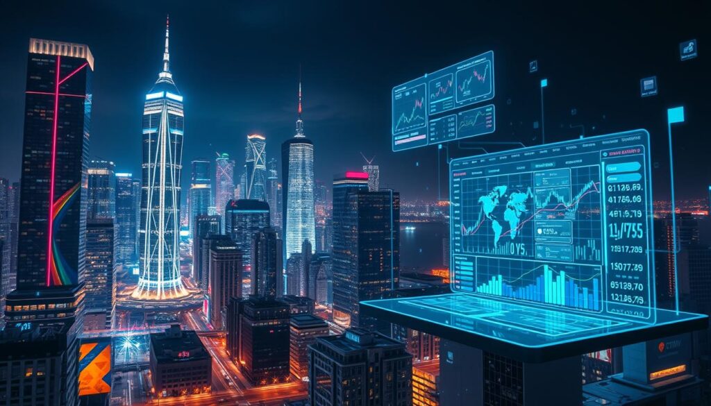 Prompt A futuristic cityscape at night, neon-lit skyscrapers and holograms projecting complex data visualizations. In the foreground, a CRYPTOMAXIMAL trading platform holographic interface, its sleek design and real-time analytics displaying the ebb and flow of the crypto market. Floating data points and algorithmic insights illuminate the scene, as an AI-powered trader makes lightning-fast decisions amidst the pulsing, ever-evolving landscape of digital currencies. The atmosphere is one of technological advancement, innovation, and the limitless potential of crypto trading in the years to come.