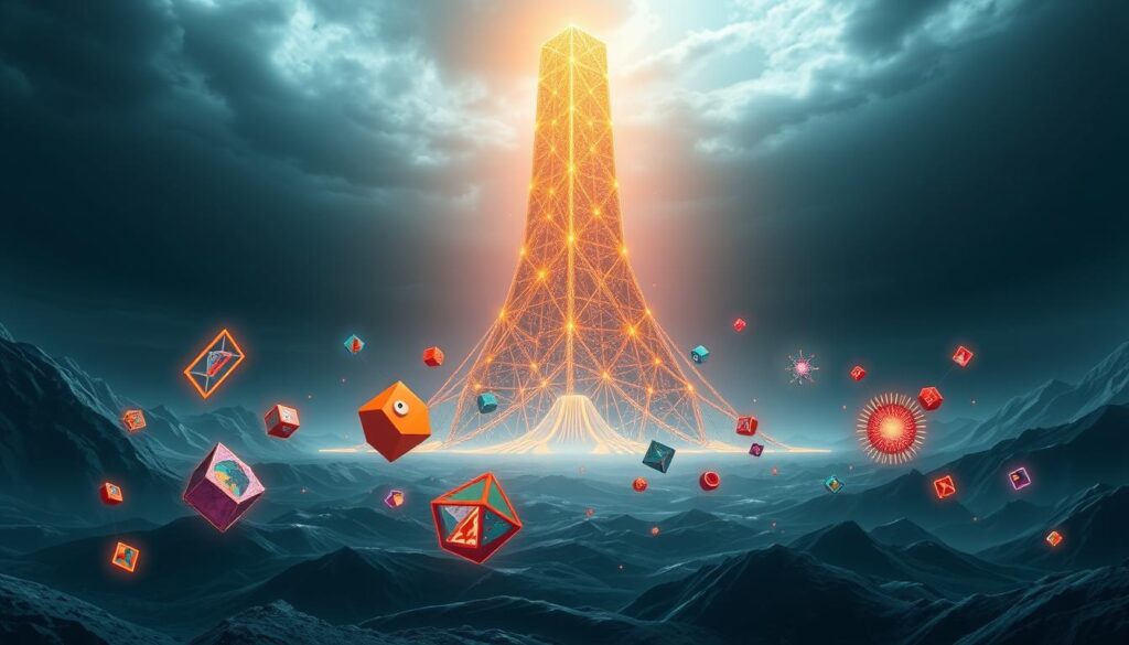 Prompt A futuristic digital landscape, featuring a towering blockchain structure in the center, its intricate network of nodes and connections illuminated by a warm, ethereal glow. In the foreground, unique NFT artworks float and interact, their vibrant colors and abstract forms reflecting the decentralized nature of the blockchain. The middle ground is dotted with smaller blockchain-related icons and symbols, hinting at the underlying technology that powers the NFT ecosystem. The background is a deep, vast expanse of blues and grays, conveying the vastness and complexity of the blockchain network. The overall scene evokes a sense of wonder, innovation, and the boundless potential of this emerging digital frontier.