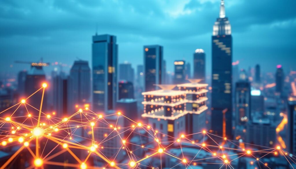 Prompt A glowing 3D blockchain network structure in the foreground, showcasing interconnected data blocks with intricate verification processes. In the middle ground, multiple digital ledgers synchronize transparently, casting a warm, futuristic glow. The background depicts a cityscape of towering skyscrapers, representing the advanced technological infrastructure supporting this blockchain-powered data ecosystem. Crisp, high-definition rendering with dramatic cinematic lighting and depth of field, conveying a sense of reliability, security, and innovation.