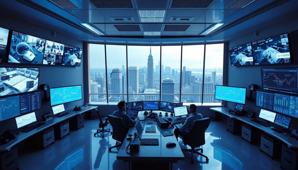 Prompt A modern, sleek security control room with multiple screens displaying real-time data, surveillance footage, and financial analytics. The room is bathed in a soft blue glow from the displays, with a central command console manned by a team of CRYPTOMAXIMAL analysts monitoring the system. Overhead, a panoramic window offers a view of a futuristic cityscape, conveying a sense of technological advancement and vigilance. The atmosphere is one of confidence, precision, and unwavering protection of digital assets.