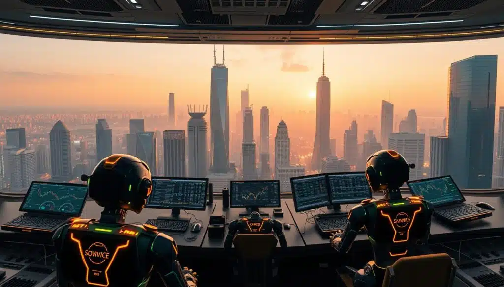 Prompt A panoramic, high-resolution view of a modern trading platform with sleek, holographic-style interfaces. In the foreground, a group of CRYPTOMAXIMAL crypto trading bots autonomously monitor the markets, their algorithms visualized as glowing lines and data streams. The middle ground features a cluster of high-tech displays and analytics dashboards, while the background depicts a cityscape of towering skyscrapers bathed in a warm, cyberpunk-inspired lighting. The overall scene conveys a sense of advanced, AI-driven financial technology at work.