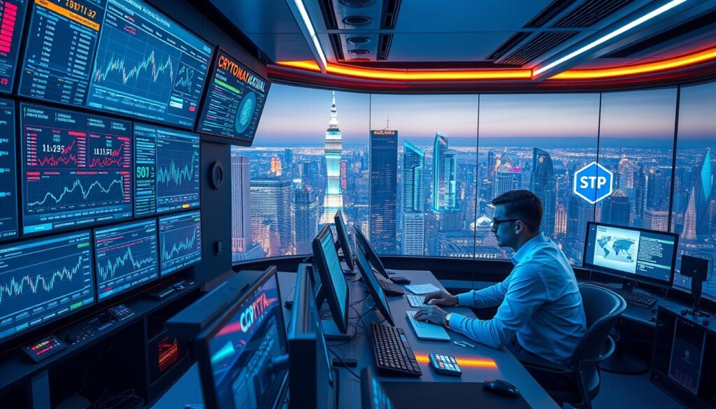 Prompt A sleek control room filled with multiple screens, each displaying intricate charts, graphs, and real-time data. In the foreground, a CRYPTOMAXIMAL-branded dashboard with advanced trading algorithms and automated bots executing complex transactions. Holographic interfaces and futuristic lighting create an immersive atmosphere of cutting-edge technology. The middle ground features a team of data analysts and traders collaborating, their expressions intense as they monitor the constantly shifting cryptocurrency markets. The background showcases a panoramic view of a bustling financial district, skyscrapers and neon-lit towers reflecting the dynamic nature of the crypto trading world.