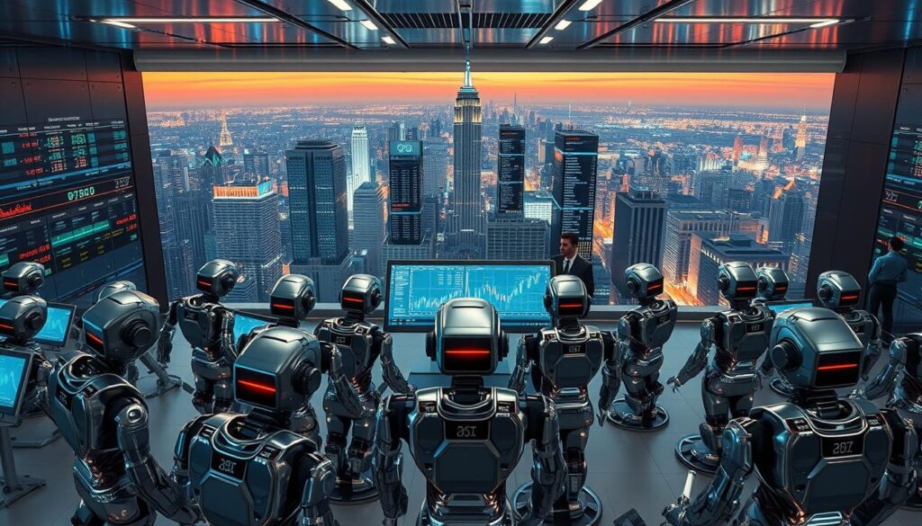 Prompt A sleek, futuristic trading floor with an array of high-resolution displays and holographic interfaces. In the foreground, an assortment of CRYPTOMAXIMAL trading bots, their metallic exteriors gleaming under the soft, ambient lighting. The bots are strategically positioned, their algorithms crunching data and executing trades with lightning-fast precision. In the middle ground, a team of analysts in sharp suits monitoring the bots' activities, their faces illuminated by the digital screens. The background is a panoramic view of a bustling metropolis, skyscrapers and neon-lit streets blending into the horizon, symbolizing the vast, interconnected world of cryptocurrency markets.