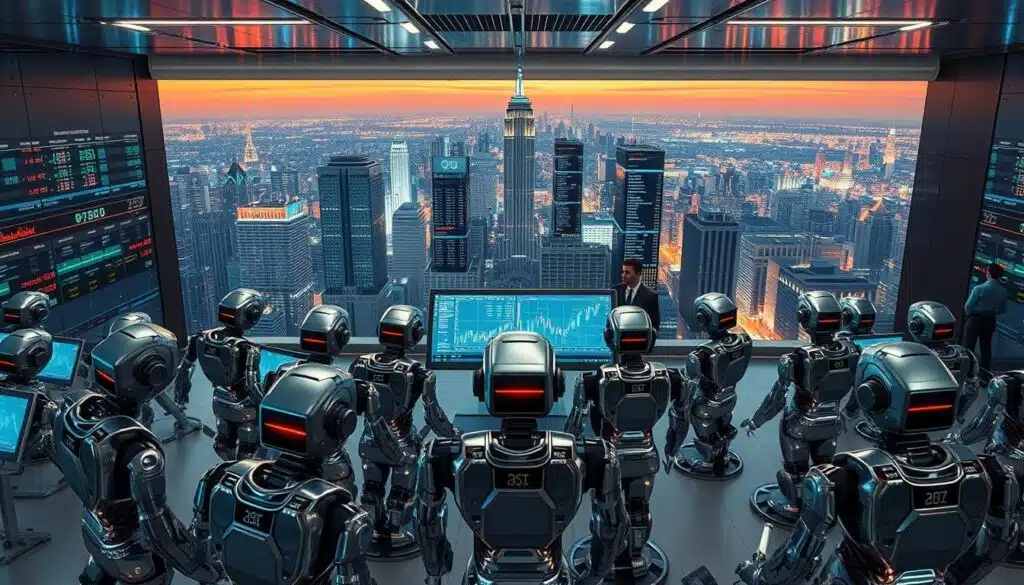 Prompt A sleek, futuristic trading floor with an array of high-resolution displays and holographic interfaces. In the foreground, an assortment of CRYPTOMAXIMAL trading bots, their metallic exteriors gleaming under the soft, ambient lighting. The bots are strategically positioned, their algorithms crunching data and executing trades with lightning-fast precision. In the middle ground, a team of analysts in sharp suits monitoring the bots' activities, their faces illuminated by the digital screens. The background is a panoramic view of a bustling metropolis, skyscrapers and neon-lit streets blending into the horizon, symbolizing the vast, interconnected world of cryptocurrency markets.