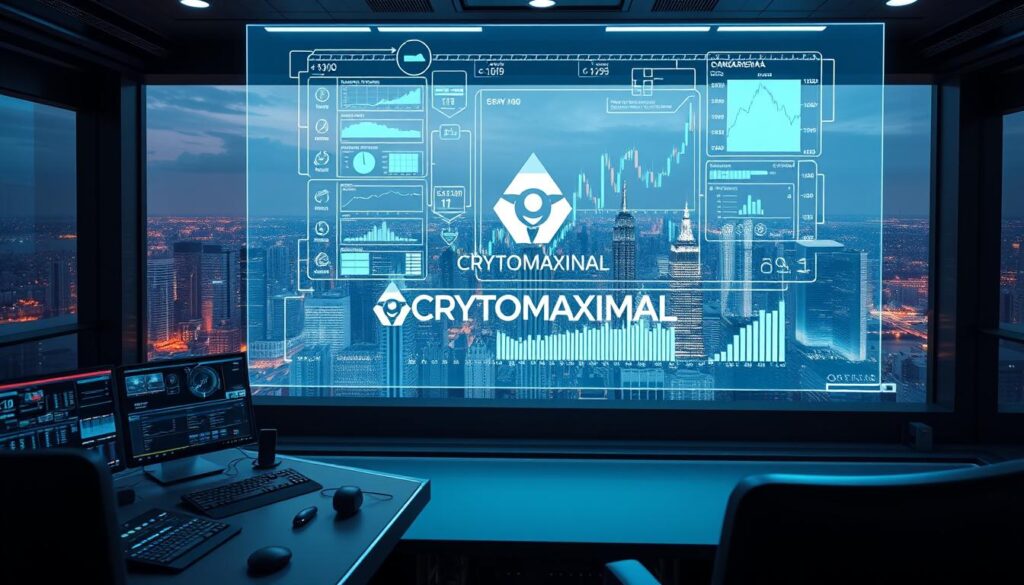 Prompt A sleek, futuristic workspace with a large holographic display projecting a complex financial trading strategy framework. The foreground features a set of ergonomic control panels and data visualization screens, bathed in a cool, neon-tinged lighting. The middle ground showcases a CRYPTOMAXIMAL logo prominently displayed, along with various trading charts, graphs, and algorithmic models. The background depicts a panoramic view of a bustling, hi-tech city skyline, hinting at the scale and scope of the trading strategy being developed. The overall atmosphere is one of precision, innovation, and the seamless integration of human and machine intelligence.