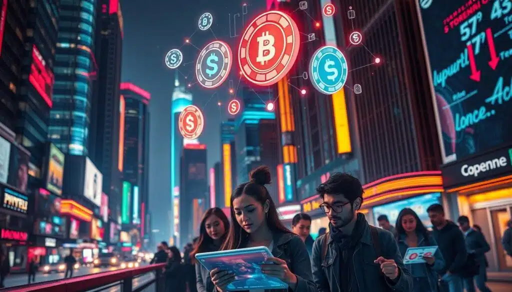 Prompt A vibrant, futuristic cityscape with towering skyscrapers and neon-lit streets. In the foreground, a group of people engage with sleek, holographic displays, their expressions conveying a sense of excitement and connectivity. Floating above the scene, translucent digital tokens and blockchain-inspired graphics symbolize the integration of tokenized loyalty programs into the fabric of everyday life. The lighting is dramatic, with warm hues and a sense of technological sophistication, reflecting the transformative impact of this emerging trend on customer engagement. Prompt A vibrant, futuristic cityscape with towering skyscrapers and neon-lit streets. In the foreground, a group of people engage with sleek, holographic displays, their expressions conveying a sense of excitement and connectivity. Floating above the scene, translucent digital tokens and blockchain-inspired graphics symbolize the integration of tokenized loyalty programs into the fabric of everyday life. The lighting is dramatic, with warm hues and a sense of technological sophistication, reflecting the transformative impact of this emerging trend on customer engagement.