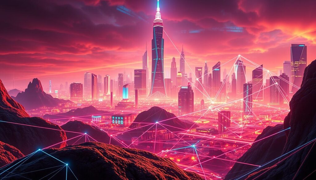 Prompt A vibrant, futuristic landscape depicting the dynamic intersection of digital assets and blockchain technology. In the foreground, a sleek and stylized representation of a non-fungible token (NFT) emerges, its edges shimmering with a prismatic glow. The middle ground features a complex network of interconnected nodes and data streams, representing the blockchain infrastructure that powers the digital asset ecosystem. In the background, a towering, neon-infused cityscape rises, symbolizing the rapid advancements and global impact of this revolutionary technology. The scene is bathed in a warm, yet electric lighting, creating a sense of innovation, dynamism, and boundless potential.