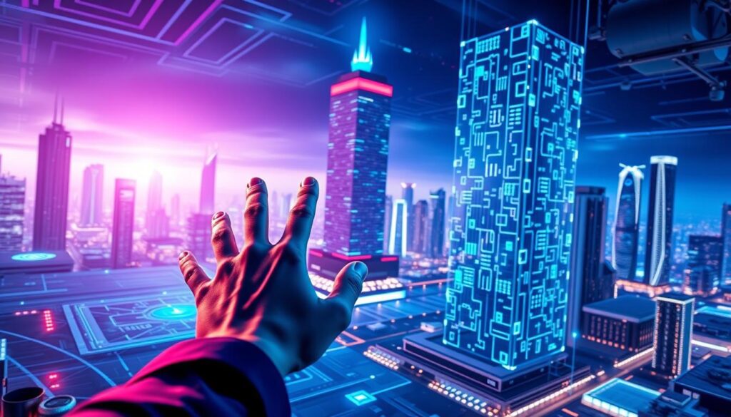 Secure digital transactions in a futuristic blockchain landscape. A sleek, modern interface with glowing circuit boards, holographic displays, and biometric security measures. Vibrant blue and purple hues create a sense of technological sophistication. In the foreground, a user's hand gestures seamlessly interact with a transparent transaction panel, effortlessly executing a secure exchange. The middle ground features a towering blockchain data structure, its interconnected nodes pulsing with encrypted information. In the background, a cityscape of gleaming skyscrapers and data centers, representing the expansive infrastructure powering these advanced financial transactions. Cinematic lighting and depth-of-field blur create an immersive, high-tech atmosphere.