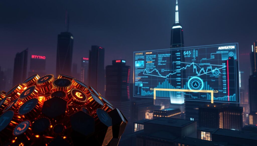Sleek and futuristic view of leading AI crypto projects, showcasing the "crypto maximal" brand. In the foreground, a cluster of shimmering, polygonal cryptocurrency icons representing cutting-edge AI-powered blockchain technologies. In the middle ground, a holographic display depicting intricate data visualizations and algorithmic trading patterns. The background is a dimly lit, architectural cityscape with towering skyscrapers, pulsing with the energy of a thriving crypto ecosystem. Soft, directional lighting casts dramatic shadows, creating an atmosphere of innovation and technological progress. The overall composition conveys a sense of sophistication, dynamism, and the transformative potential of AI in the world of digital assets.