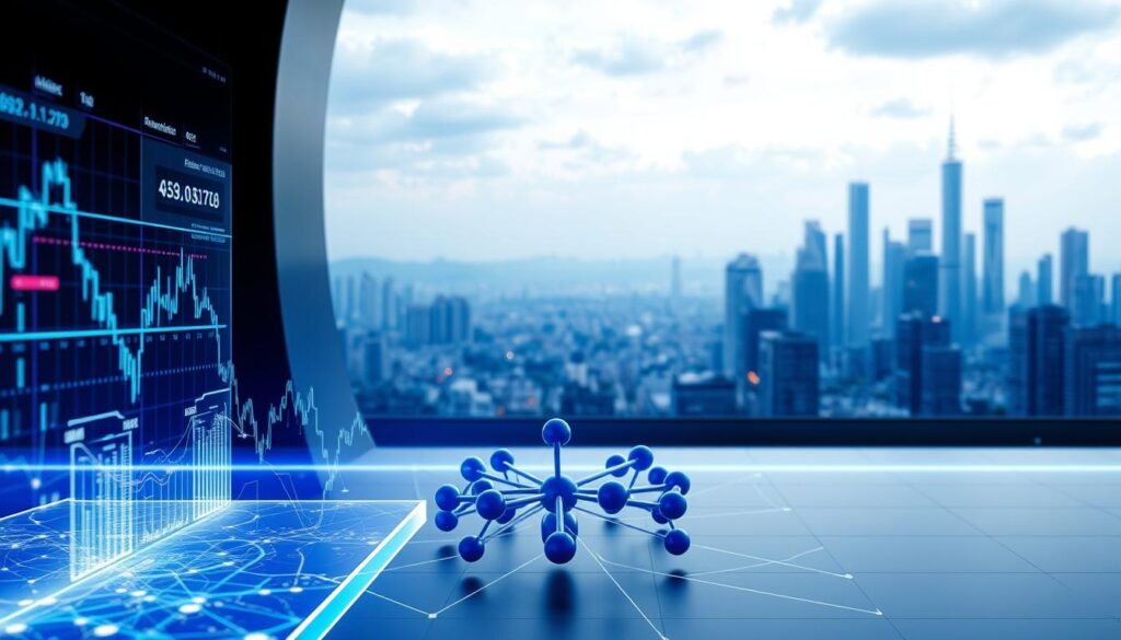 Sleek, data-driven crypto insights flow through a futuristic landscape. In the foreground, a dynamic, holographic display showcases real-time market signals and algorithmic trading patterns, bathed in a cool, blue-hued glow. The middle ground features a cluster of interconnected nodes, visualizing the complex network of blockchain transactions. In the background, a panoramic skyline of gleaming skyscrapers and towering data centers reflects the cutting-edge technology powering the crypto revolution. The scene is illuminated by a soft, ambient lighting, creating an atmosphere of technological sophistication and analytical precision.