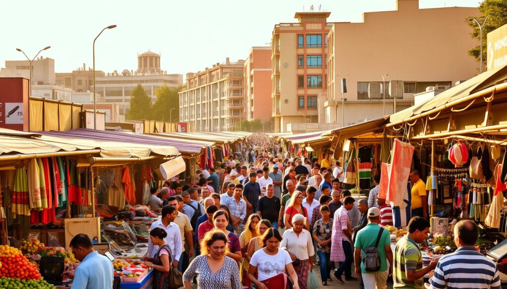 a bustling marketplace with stalls filled with a variety of goods, from fresh produce and colorful textiles to electronic devices and traditional crafts. The scene is bathed in warm, golden sunlight, casting long shadows and creating a vibrant, lively atmosphere. In the foreground, vendors enthusiastically showcase their wares, engaging with potential customers. In the middle ground, a diverse crowd of shoppers navigates the maze of stalls, examining items and negotiating prices. In the background, a mix of modern and historic architecture frames the scene, suggesting a thriving urban center. The overall mood is one of energy, commerce, and cultural exchange.