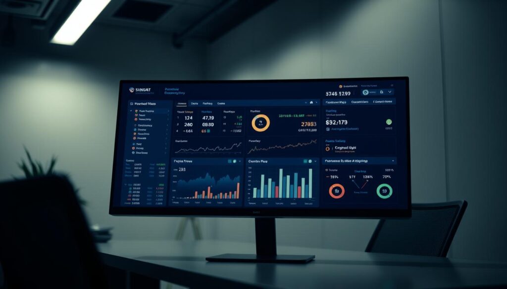 a dashboard of a cryptocurrency exchange data analytics platform, displayed on a sleek black monitor in a dimly lit, modern office. The dashboard features an array of interactive charts, graphs, and indicators that provide real-time insights into cryptocurrency market trends, trading volumes, and user activity. The layout is clean and minimalist, with a focus on data visualization and easy-to-interpret metrics. The dashboard is illuminated by a soft, indirect lighting setup that creates a subtle, contemplative atmosphere, highlighting the importance of the information displayed. The monitor is positioned at an angle, suggesting a professional, focused user experience.