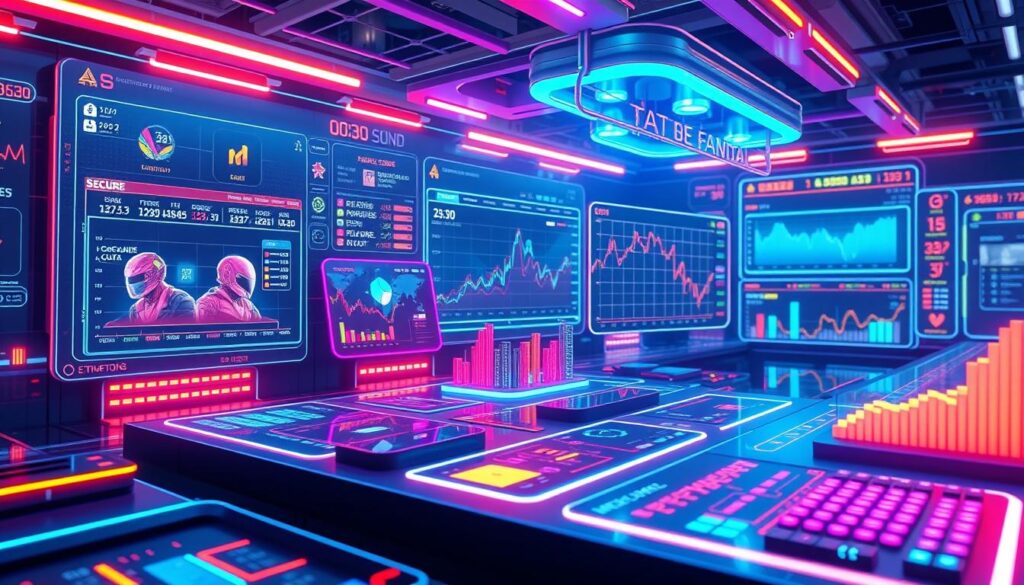 digital asset trading platform with sleek holographic interfaces, neon-lit data visualizations, and futuristic transaction flows. A stylized 3D render showcasing the dynamic features of a blockchain-powered NFT marketplace, including secure wallets, asset trading, and interactive charts. Vibrant colors, clean lines, and modern design elements convey the cutting-edge technology powering the gaming and digital asset ecosystem. Cinematic lighting and camera angles create a sense of depth and immersion, inviting the viewer to imagine themselves interacting with this innovative platform.