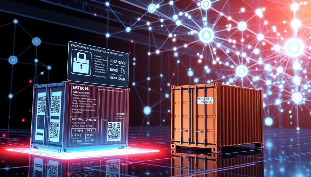 A blockchain-powered supply chain system with detailed product tracking, transparent data logs, and secure peer-to-peer transactions. In the foreground, a 3D render of a shipping container is displayed, with a QR code and barcode visible on its side. The middle ground showcases a holographic interface showing product information, shipment history, and real-time location data. In the background, a complex network of interconnected nodes representing the blockchain infrastructure, with glowing data streams and security protocols visible. Bright, high-contrast lighting illuminates the scene, creating a futuristic, technology-driven atmosphere. The overall composition emphasizes the seamless integration of blockchain technology into a modern supply chain ecosystem.