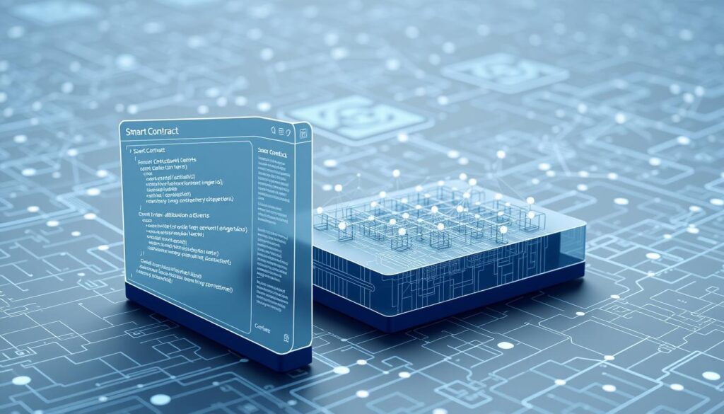 A blueprint-like 3D visualization of the fundamental elements of blockchain-based smart contracts. In the foreground, a futuristic smart contract interface with clean lines and a minimalist design, highlighting key components like functions, data structures, and events. In the middle ground, a cutaway view revealing the underlying blockchain network, with nodes, distributed ledgers, and cryptographic validation mechanisms. In the background, a backdrop of abstract digital patterns and geometric shapes, conveying the complex, decentralized nature of the blockchain ecosystem. Rendered in a high-contrast, technical illustration style with a muted color palette, creating a sense of depth and emphasizing the technical aspects of the subject matter.
