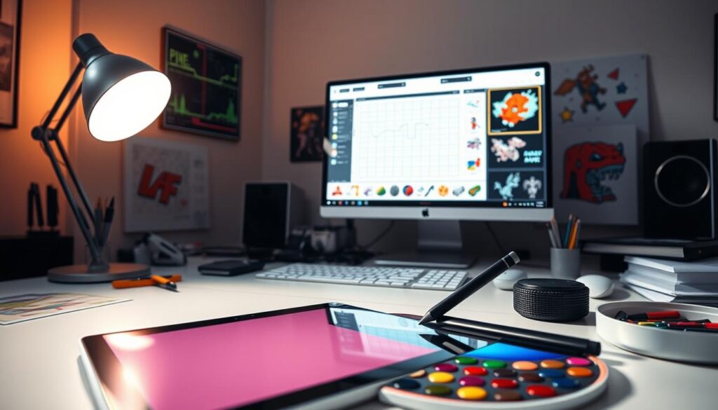 A brightly lit, meticulously crafted pixel art workstation, featuring an array of digital tools and canvases. In the foreground, a tablet and stylus await the artist's touch, surrounded by a palette of vibrant colors. In the middle ground, a sleek, minimalist computer monitor displays a pixel art creation interface, with grids and pixel-level editing tools. The background showcases a collection of pixel art NFT examples, their intricate designs and retro-futuristic aesthetics inspiring the creative process. Soft, warm lighting casts a gentle glow, creating an inviting and immersive atmosphere for the pixel art NFT creation journey.