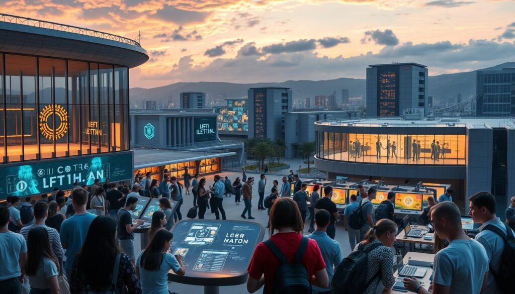 A bustling blockchain campus set against a backdrop of futuristic architecture and a sky aglow with a golden sunset. In the foreground, students gathered around interactive displays, immersed in discussions on DeFi protocols and the latest NFT trends. The middle ground features modern classrooms where instructors deliver lectures on cryptography and smart contract development, their words projected onto sleek holographic screens. In the distance, a state-of-the-art research lab where teams of blockchain engineers collaborate on pioneering innovations, their work illuminated by the glow of monitoring displays. The atmosphere exudes a sense of exploration, discovery, and the collective drive to push the boundaries of blockchain technology.