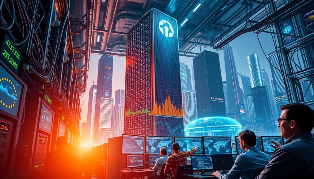 A bustling blockchain infrastructure hub, with gleaming server racks, interconnected cables, and holographic displays showcasing real-time trading analytics. In the foreground, a group of traders intently monitor their screens, their expressions focused and determined. The middle ground features a towering, futuristic data center, its exterior shimmering with a metallic sheen under the warm, diffused lighting. The background is dominated by a cityscape of skyscrapers and futuristic architecture, hinting at the global scale of the trading network. The overall atmosphere conveys a sense of technological prowess, efficiency, and the relentless pace of modern finance. A bustling blockchain infrastructure hub, with gleaming server racks, interconnected cables, and holographic displays showcasing real-time trading analytics. In the foreground, a group of traders intently monitor their screens, their expressions focused and determined. The middle ground features a towering, futuristic data center, its exterior shimmering with a metallic sheen under the warm, diffused lighting. The background is dominated by a cityscape of skyscrapers and futuristic architecture, hinting at the global scale of the trading network. The overall atmosphere conveys a sense of technological prowess, efficiency, and the relentless pace of modern finance.