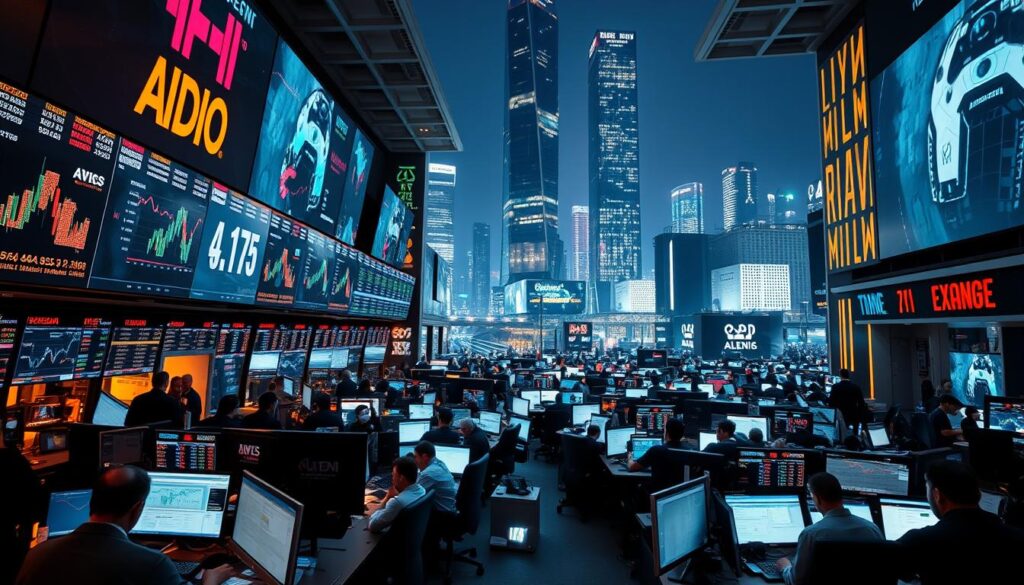 A bustling centralized exchange market, illuminated by the warm glow of digital displays and bustling with activity. In the foreground, traders huddle over their screens, analyzing complex charts and making lightning-fast decisions. The middle ground is a maze of sleek, futuristic trading terminals, their multi-colored lights pulsing in sync with the rhythm of the market. In the background, a towering, glass-encased skyscraper dominates the skyline, symbolizing the power and influence of these centralized hubs of financial innovation. The atmosphere is one of intense focus and high-stakes competition, where AI-driven strategies thrive amidst the chaos of the market. A bustling centralized exchange market, illuminated by the warm glow of digital displays and bustling with activity. In the foreground, traders huddle over their screens, analyzing complex charts and making lightning-fast decisions. The middle ground is a maze of sleek, futuristic trading terminals, their multi-colored lights pulsing in sync with the rhythm of the market. In the background, a towering, glass-encased skyscraper dominates the skyline, symbolizing the power and influence of these centralized hubs of financial innovation. The atmosphere is one of intense focus and high-stakes competition, where AI-driven strategies thrive amidst the chaos of the market.