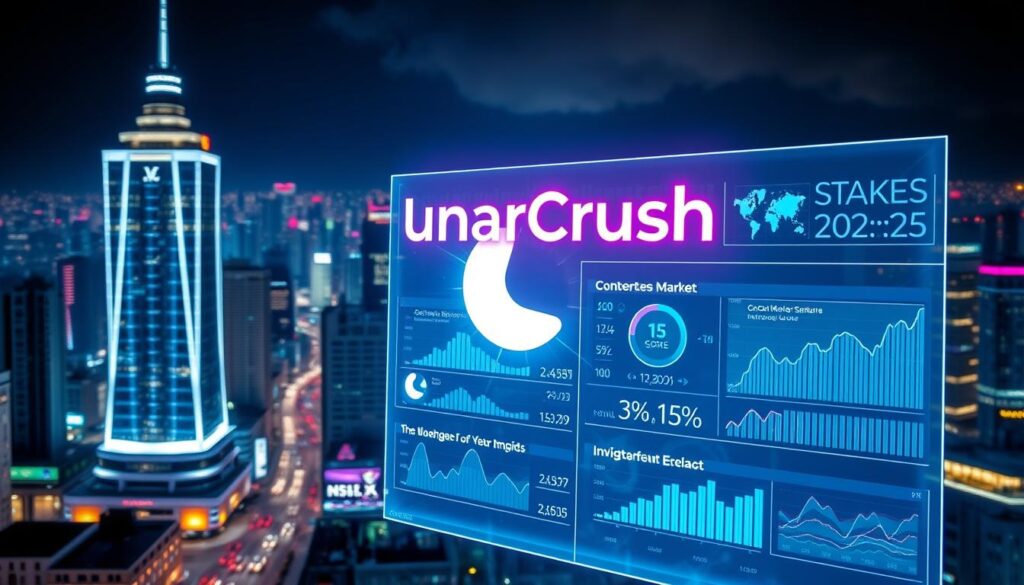 A bustling cityscape at night, neon lights casting a vibrant glow over a towering data center. In the foreground, a holographic interface displays real-time crypto market sentiment data, the LunarCrush logo pulsing with dynamic energy. Swirling data visualizations and charts illustrate the ebb and flow of social media activity, influencer impact, and investor sentiment. The scene conveys a sense of cutting-edge technology, rapid change, and the power of data-driven insights to navigate the volatile crypto landscape.