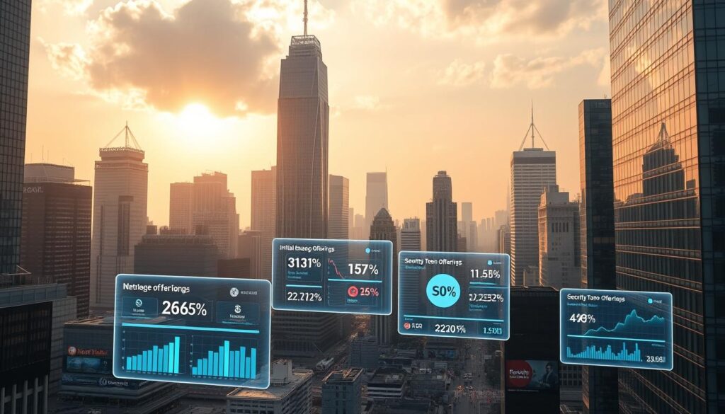 A bustling cityscape, skyscrapers reaching towards the sky, their glass facades gleaming in the sunlight. In the foreground, a dynamic display of various cryptocurrency offerings - Initial Exchange Offerings (IEOs) and Security Token Offerings (STOs) - presented on holographic screens, their statistics and metrics floating in the air. The atmosphere is one of innovation and technological advancement, as investors and project teams collaborate to bring these novel fundraising mechanisms to life. Amidst the urban landscape, a sense of energy and anticipation pervades, hinting at the transformative potential of these alternative financing models for AI-driven crypto projects.