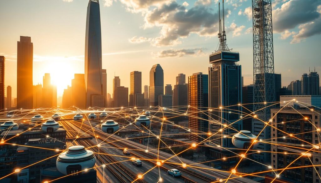 A bustling cityscape with towering skyscrapers, their facades gleaming under the warm, golden light of the setting sun. In the foreground, a complex network of digital transactions unfolds, represented by a web of interconnected lines, pulsing with energy and data. The middle ground showcases futuristic transport systems, hover cars, and people moving seamlessly through the urban landscape. In the background, a towering digital infrastructure, with servers and data centers, supports the intricate flow of Layer 2 transactions. The scene exudes a sense of efficiency, innovation, and the seamless integration of technology into everyday life.