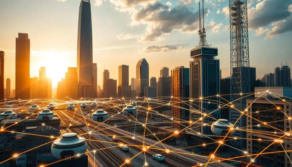 A bustling cityscape with towering skyscrapers, their facades gleaming under the warm, golden light of the setting sun. In the foreground, a complex network of digital transactions unfolds, represented by a web of interconnected lines, pulsing with energy and data. The middle ground showcases futuristic transport systems, hover cars, and people moving seamlessly through the urban landscape. In the background, a towering digital infrastructure, with servers and data centers, supports the intricate flow of Layer 2 transactions. The scene exudes a sense of efficiency, innovation, and the seamless integration of technology into everyday life.