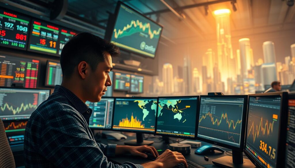 A bustling crypto trading desk with a wide array of holographic data displays and screens, illuminated by a warm, diffused light. In the foreground, a trader meticulously analyzes price charts, order books, and market indicators, their face reflecting the concentration and intensity of the moment. The middle ground features a large, interactive heatmap visualization, showcasing the global spread of cryptocurrency prices and trading volumes. In the background, a towering digital skyline of candlestick charts and performance metrics, casting an ethereal glow over the scene. The overall atmosphere conveys a sense of focus, dynamism, and the relentless pursuit of market insights and trading opportunities.