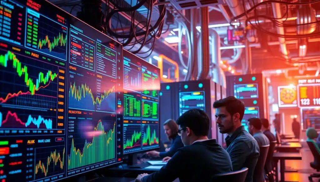 A bustling crypto trading floor, filled with vibrant charts, graphs, and data visualizations. The foreground features a dynamic display showing real-time market trends and transaction volume insights, with bold colors and clean lines. The middle ground showcases a team of analysts intently studying the data, their expressions intense as they make sense of the ever-changing market dynamics. In the background, a towering digital infrastructure backdrop, with servers and cables running through the space, creating a sense of technological power and innovation. The lighting is a mix of warm and cool tones, with strategic highlights drawing the viewer's eye to the key insights. The overall mood is one of focused analysis, data-driven decision-making, and the constant evolution of the crypto market.
