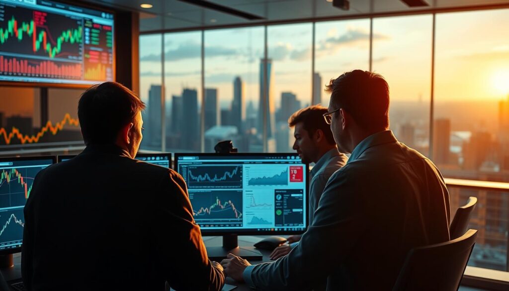 A bustling, data-driven financial market scene bathed in warm, natural lighting. In the foreground, a sleek, minimalist trading terminal displays real-time stock charts and analytics dashboards. In the middle ground, a group of analysts intently studying the data, their faces illuminated by the glow of multiple high-resolution monitors. In the background, a panoramic view of a modern city skyline, reflecting the dynamism and momentum of the global economy. The overall mood is one of focus, innovation, and the power of data-driven decision making. A bustling, data-driven financial market scene bathed in warm, natural lighting. In the foreground, a sleek, minimalist trading terminal displays real-time stock charts and analytics dashboards. In the middle ground, a group of analysts intently studying the data, their faces illuminated by the glow of multiple high-resolution monitors. In the background, a panoramic view of a modern city skyline, reflecting the dynamism and momentum of the global economy. The overall mood is one of focus, innovation, and the power of data-driven decision making.