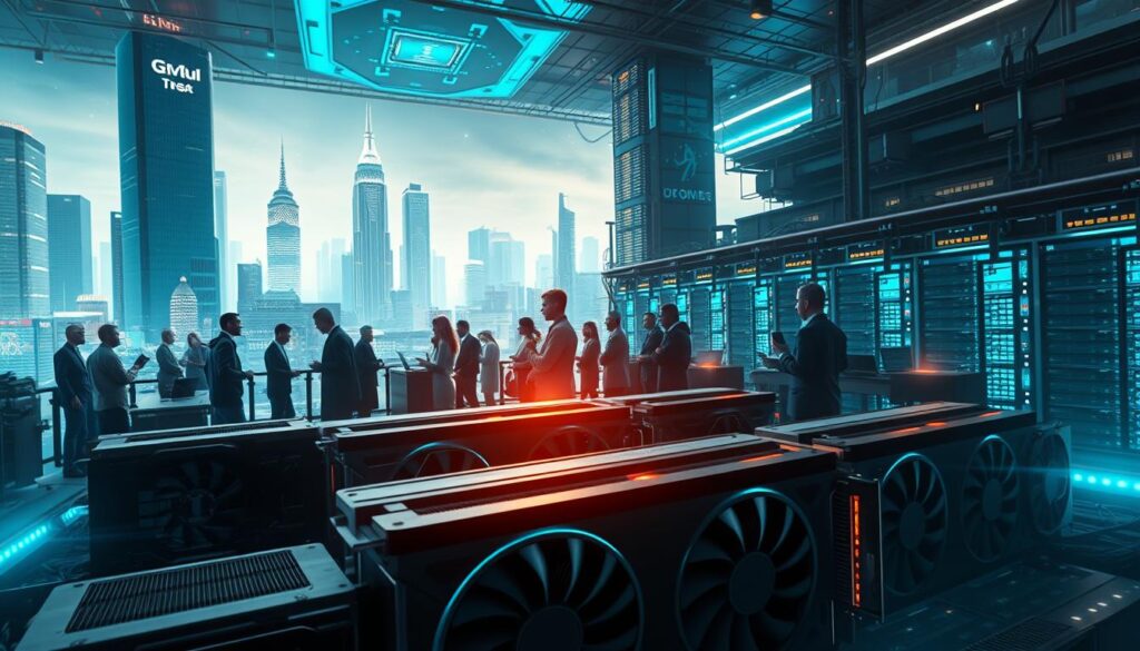A bustling decentralized marketplace for GPU compute resources. In the foreground, a cluster of powerful graphics cards, their fans spinning, connected to a distributed network. In the middle ground, various users and providers negotiating transactions, checking their cryptocurrency wallets. The background is a futuristic cityscape, with skyscrapers housing AI research labs and data centers. Diffuse lighting emanates from holographic displays, creating an atmosphere of technological innovation and borderless collaboration. The scene conveys the democratization of high-performance computing, enabling cryptocurrency projects to access the resources they need for training and inference, without relying on centralized providers.