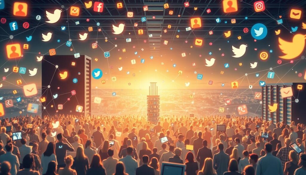 A bustling digital landscape of interconnected platforms, where vibrant communities gather to connect, share, and engage. Sleek social media icons float weightlessly, casting a warm glow across the scene. In the foreground, dynamic networks of users interact seamlessly, their avatars and profiles blending into a tapestry of digital expression. The middle ground features a tower of interlocking devices, symbolic of the ever-evolving technology that powers these virtual realms. The background unveils a panoramic view of distant servers and data centers, humming with the ceaseless activity of global social connectivity. Soft, diffused lighting lends an ethereal, collaborative atmosphere, reflecting the power of these tools to foster meaningful interactions and build thriving digital communities.