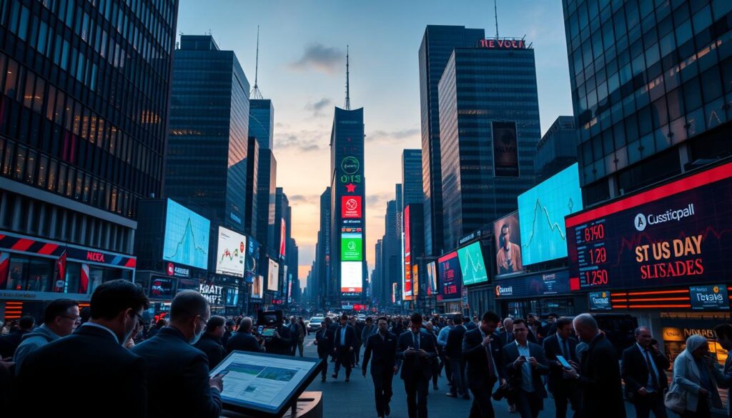 A bustling financial district at dusk, with towering skyscrapers casting long shadows across the streets below. In the foreground, a group of investors huddled around a digital display, analyzing market trends with intense focus. The middle ground features a flow of traders hurrying between meetings, their faces illuminated by the glow of smartphones and tablets. In the background, a panoramic view of the city skyline, with neon signs and electronic billboards pulsing with data visualizations. The lighting is dramatic, with warm hues from the setting sun contrasting with the cool, blue-tinged glow of digital screens. The overall atmosphere conveys a sense of urgency and uncertainty as the investors navigate the ever-changing liquidity landscape. A bustling financial district at dusk, with towering skyscrapers casting long shadows across the streets below. In the foreground, a group of investors huddled around a digital display, analyzing market trends with intense focus. The middle ground features a flow of traders hurrying between meetings, their faces illuminated by the glow of smartphones and tablets. In the background, a panoramic view of the city skyline, with neon signs and electronic billboards pulsing with data visualizations. The lighting is dramatic, with warm hues from the setting sun contrasting with the cool, blue-tinged glow of digital screens. The overall atmosphere conveys a sense of urgency and uncertainty as the investors navigate the ever-changing liquidity landscape.