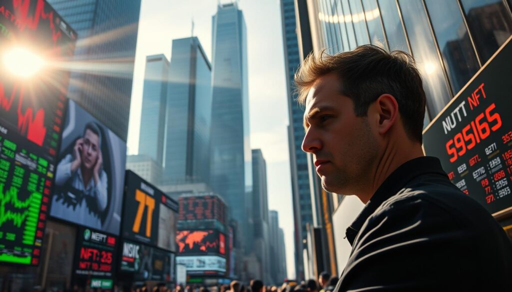 A bustling financial district, towering skyscrapers casting long shadows as sunlight filters through the haze. In the foreground, a digital display board flashes a kaleidoscope of NFT prices, their values fluctuating erratically against a backdrop of stock charts and cryptocurrency tickers. Amidst the chaos, a lone trader gazes intently at their screen, brows furrowed as they navigate the volatile NFT market, the liquidity ebbing and flowing like the tides. The mood is tense, the atmosphere charged with uncertainty, reflecting the precarious nature of the NFT ecosystem and its vulnerability to the whims of the broader financial landscape. A bustling financial district, towering skyscrapers casting long shadows as sunlight filters through the haze. In the foreground, a digital display board flashes a kaleidoscope of NFT prices, their values fluctuating erratically against a backdrop of stock charts and cryptocurrency tickers. Amidst the chaos, a lone trader gazes intently at their screen, brows furrowed as they navigate the volatile NFT market, the liquidity ebbing and flowing like the tides. The mood is tense, the atmosphere charged with uncertainty, reflecting the precarious nature of the NFT ecosystem and its vulnerability to the whims of the broader financial landscape.
