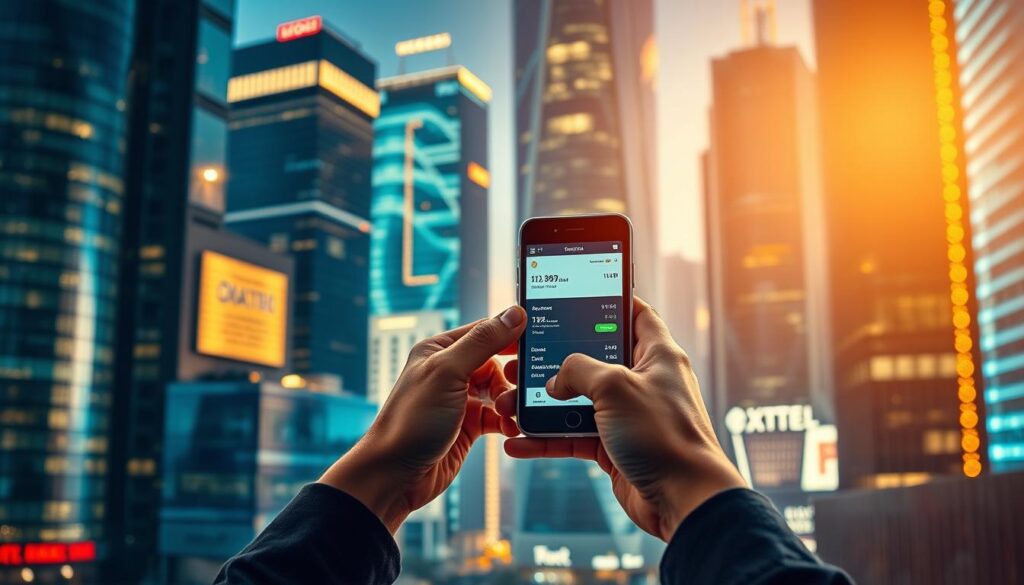 A bustling financial metropolis with towering skyscrapers in the background, their glass facades reflecting the vibrant city lights. In the foreground, a pair of hands securely holding a digital cryptocurrency wallet, the screen displaying a seamless cross-border transaction. The scene is bathed in a warm, golden hue, creating a sense of stability and reliability. The composition is dynamic, with a shallow depth of field that draws the viewer's attention to the central action, highlighting the ease and convenience of global financial connectivity enabled by cryptocurrency.