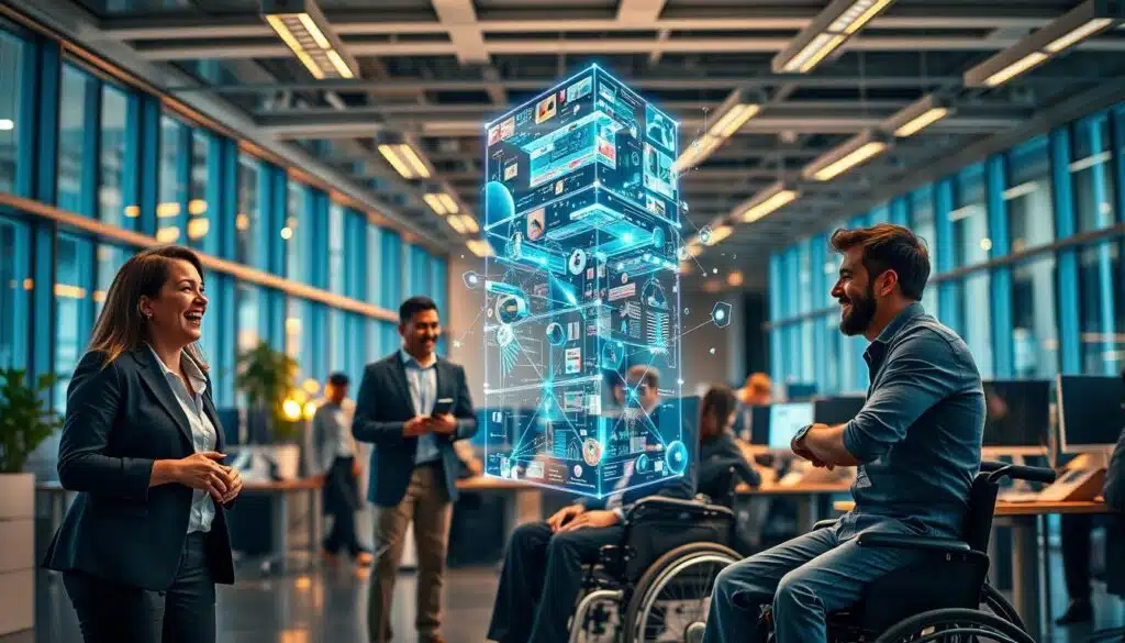 A bustling, modern office space, illuminated by warm, diffused lighting from large windows. In the foreground, a diverse group of professionals - a woman in a business suit, a man in a casual tech outfit, and a person in a wheelchair - all engaged in animated discussion, their expressions conveying a sense of success and collaboration. In the middle ground, a towering holographic display showcases blockchain technology, its intricate diagrams and visualizations reflecting off the sleek, polished surfaces. The background is filled with state-of-the-art workstations, where other employees are immersed in their tasks, surrounded by an air of productivity and innovation. The overall atmosphere exudes a palpable sense of achievement, progress, and the transformative power of blockchain technology in driving successful careers.