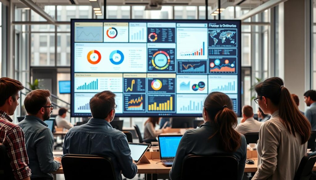 A bustling office scene, with a large digital screen showcasing various AI-powered SEO tools and data visualizations. In the foreground, a team of marketing professionals intently studying the screen, their expressions a mix of concentration and fascination. The middle ground features desks and workstations, where colleagues collaborate on optimization strategies, laptops and tablets in hand. The background subtly hints at the larger corporate environment, with floor-to-ceiling windows letting in natural light and creating a sense of openness and progress. The overall atmosphere is one of productive, technology-driven innovation, reflecting the practical applications of AI in real-world SEO. A bustling office scene, with a large digital screen showcasing various AI-powered SEO tools and data visualizations. In the foreground, a team of marketing professionals intently studying the screen, their expressions a mix of concentration and fascination. The middle ground features desks and workstations, where colleagues collaborate on optimization strategies, laptops and tablets in hand. The background subtly hints at the larger corporate environment, with floor-to-ceiling windows letting in natural light and creating a sense of openness and progress. The overall atmosphere is one of productive, technology-driven innovation, reflecting the practical applications of AI in real-world SEO.