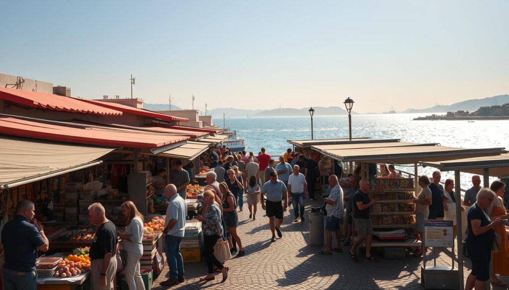 A bustling open-air marketplace by the ocean, with rows of colorful vendor stalls selling a diverse array of goods - from fresh seafood and produce to handcrafted wares and digital art. The scene is bathed in warm, golden sunlight, casting long shadows across the cobblestone ground. In the foreground, merchants enthusiastically haggle with customers, while in the middle ground, shoppers browse through the stalls, their faces reflecting a sense of discovery and excitement. In the background, the glistening blue waters of the harbor stretch out to the horizon, complemented by the silhouettes of ships and the distant outline of coastal buildings. The atmosphere exudes a vibrant, lively energy, inviting exploration and seamless transactions.