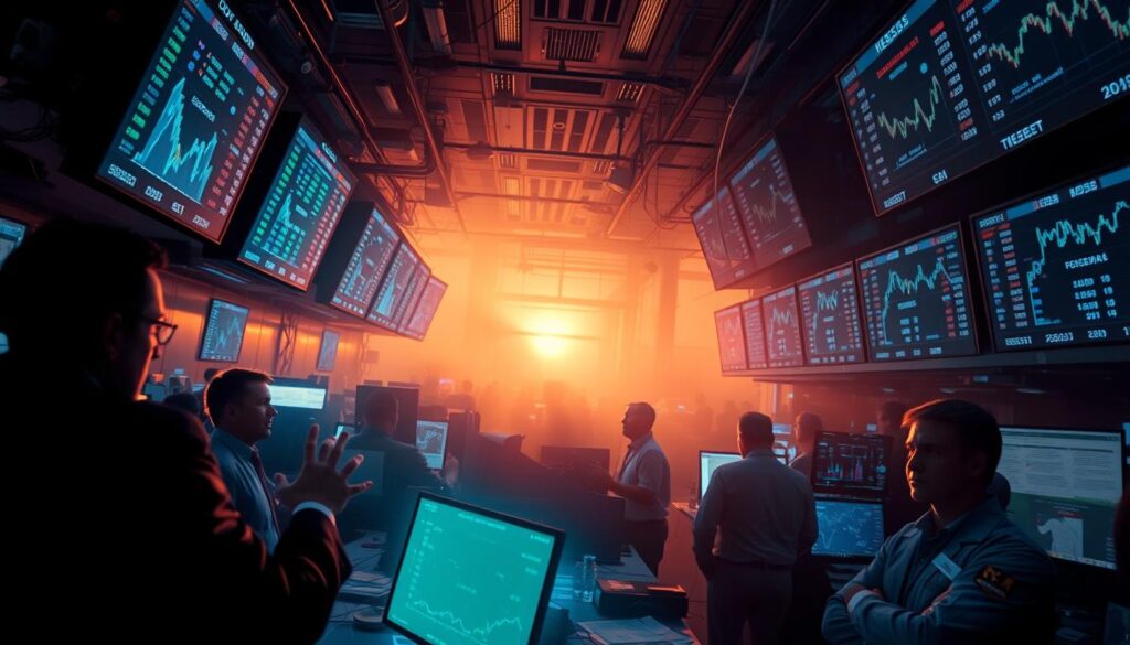 A bustling trading floor at sunset, data screens and charts projecting a chaotic, volatile market atmosphere. Brokers gesticulate amidst a tangle of cables, expressions tense as they navigate the ebb and flow of shifting investor strategies. In the foreground, a large holographic display casts a blue-green glow, visualizing complex market trends and indicators. The background is hazy, as if the room is filled with the anxious energy of the trading day. Dramatic chiaroscuro lighting creates deep shadows and highlights the intensity of the scene. The overall mood is one of high-stakes uncertainty, underscoring the impact of market volatility on investor decision-making. A bustling trading floor at sunset, data screens and charts projecting a chaotic, volatile market atmosphere. Brokers gesticulate amidst a tangle of cables, expressions tense as they navigate the ebb and flow of shifting investor strategies. In the foreground, a large holographic display casts a blue-green glow, visualizing complex market trends and indicators. The background is hazy, as if the room is filled with the anxious energy of the trading day. Dramatic chiaroscuro lighting creates deep shadows and highlights the intensity of the scene. The overall mood is one of high-stakes uncertainty, underscoring the impact of market volatility on investor decision-making.