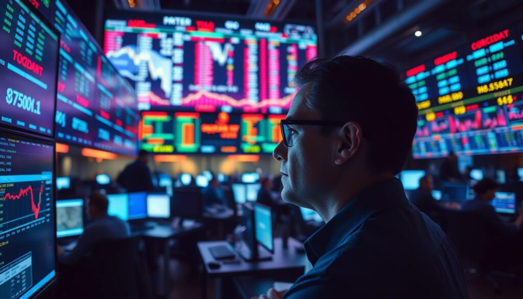 A bustling trading floor, dimly lit by the glow of computer screens. In the foreground, a trader intently studying complex financial data, their face illuminated by the soft light. In the middle ground, rows of desks with traders absorbed in their work, their hands flicking across keyboards. In the background, a massive digital display board flashes with real-time market data, the ebb and flow of stock prices and cryptocurrencies. An atmosphere of intense focus and anticipation permeates the scene, as the traders utilize cutting-edge machine learning algorithms to navigate the unpredictable markets. The image conveys the essence of "How AI Enhances Trading Strategies", showcasing the integration of advanced technology and human expertise. A bustling trading floor, dimly lit by the glow of computer screens. In the foreground, a trader intently studying complex financial data, their face illuminated by the soft light. In the middle ground, rows of desks with traders absorbed in their work, their hands flicking across keyboards. In the background, a massive digital display board flashes with real-time market data, the ebb and flow of stock prices and cryptocurrencies. An atmosphere of intense focus and anticipation permeates the scene, as the traders utilize cutting-edge machine learning algorithms to navigate the unpredictable markets. The image conveys the essence of "How AI Enhances Trading Strategies", showcasing the integration of advanced technology and human expertise.