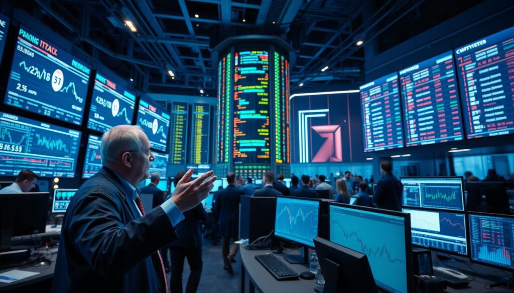 A bustling trading floor, with brokers and analysts intently focused on digital displays showcasing real-time liquidity data and cryptocurrency trading metrics. The scene is bathed in a cool, blue-hued lighting, casting an air of technological sophistication. In the foreground, a trader gestures emphatically, analyzing complex charts and graphs, while the middle ground features a bank of high-resolution monitors displaying order books, price movements, and liquidity indicators. The background is dominated by a towering, futuristic data center, its servers humming with the processing power needed to power this capital-efficient crypto fundraising ecosystem.
