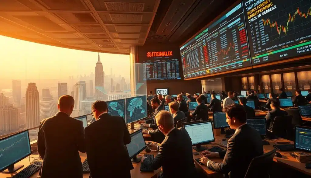 A bustling trading floor with institutional investors closely monitoring cryptocurrency market trends displayed on large screens. Warm lighting casts a serious, focused atmosphere as traders analyze real-time data, graphs, and news headlines. In the foreground, a group of financial analysts in suits huddle around a holographic display, deep in discussion. The middle ground features rows of desks with traders rapidly typing on keyboards, faces illuminated by the glow of multiple computer monitors. The background showcases a panoramic view of a modern, high-rise financial district skyline. The overall scene conveys the growing institutional adoption and integration of cryptocurrencies into traditional financial systems.