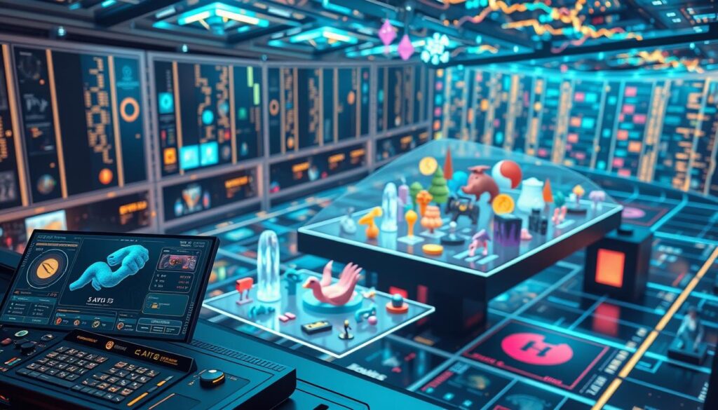 A captivating scene of a digital marketplace where multiple blockchain networks converge, enabling seamless cross-platform trading. In the foreground, a futuristic user interface displays various cryptocurrencies and NFTs, with vibrant icons and intuitive controls. In the middle ground, a diverse array of digital assets, from 3D-rendered artwork to interactive gaming items, are showcased in a sleek, holographic display. The background is dominated by a dynamic, multi-colored grid-like pattern, representing the interconnected nature of the blockchain ecosystem. The lighting is soft and diffused, creating a sense of technological elegance, while the camera angle suggests an elevated, birds-eye view, conveying the platform's comprehensive capabilities. A captivating scene of a digital marketplace where multiple blockchain networks converge, enabling seamless cross-platform trading. In the foreground, a futuristic user interface displays various cryptocurrencies and NFTs, with vibrant icons and intuitive controls. In the middle ground, a diverse array of digital assets, from 3D-rendered artwork to interactive gaming items, are showcased in a sleek, holographic display. The background is dominated by a dynamic, multi-colored grid-like pattern, representing the interconnected nature of the blockchain ecosystem. The lighting is soft and diffused, creating a sense of technological elegance, while the camera angle suggests an elevated, birds-eye view, conveying the platform's comprehensive capabilities.